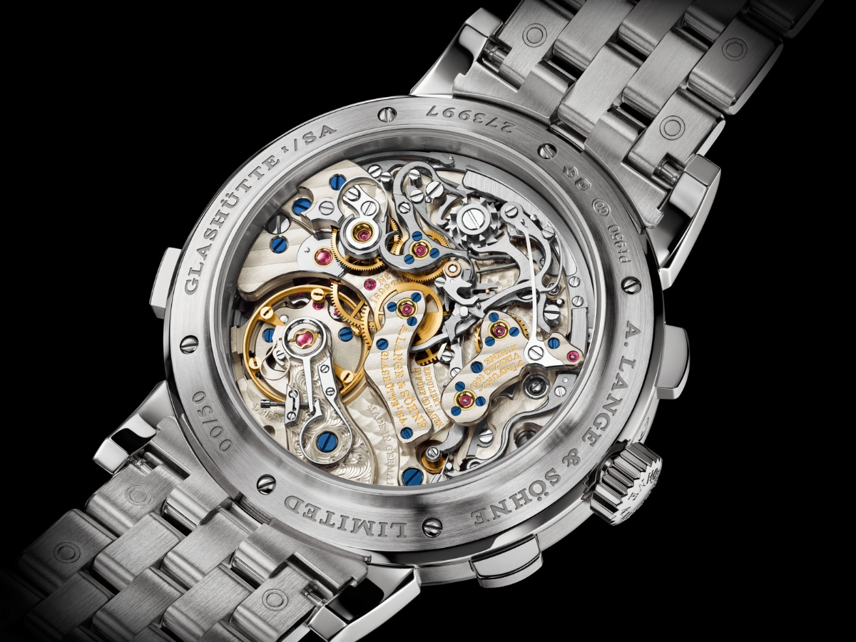 Rückseite einer Armbanduhr mit sichtbarem Uhrwerk, Stahlgehäuse und Stahlband, Glashütte/SA und A. Lange & Söhne Limited